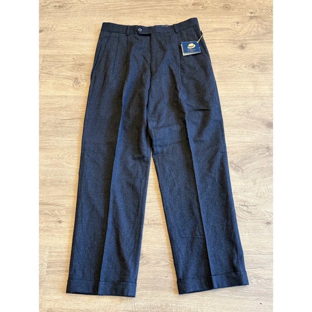 T Harris London Men’s 32x30 Charcoal Gray Dress Pants Wool Pleated Cuffed New